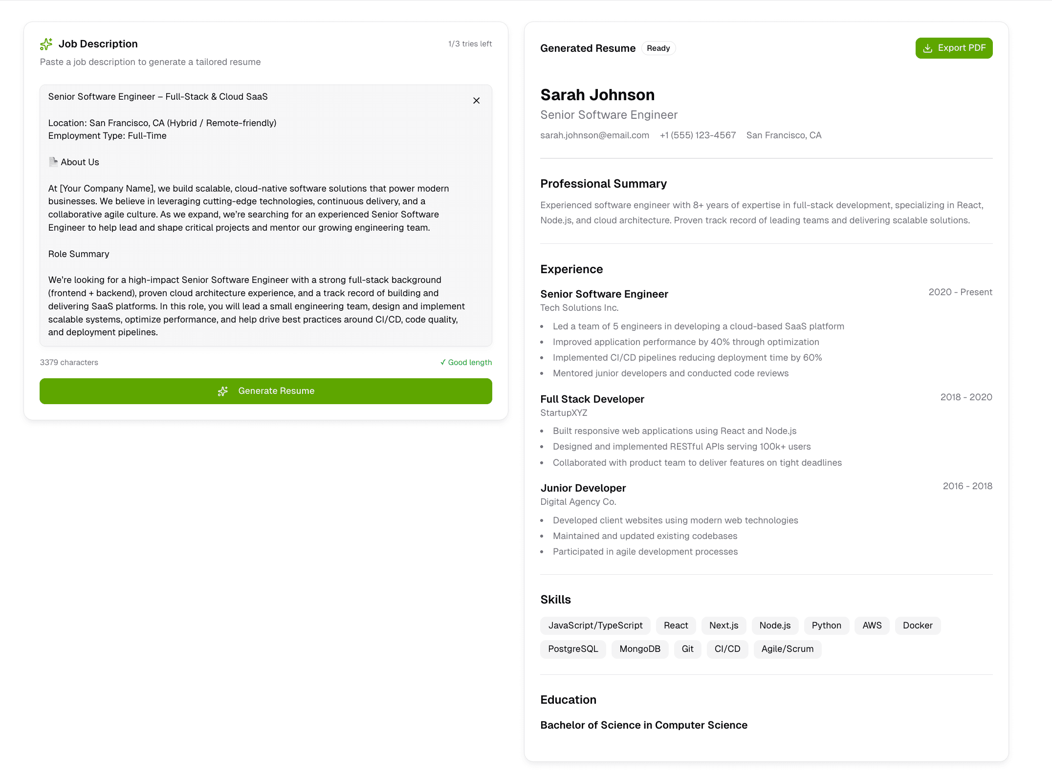 AI Resume Generator Interface